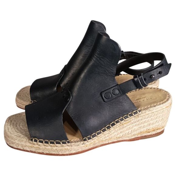 Rag & Bone Sandals 8.5 Womens Black Leather Espadrille Wedge Mid Casual Toe - Picture 7 of 9